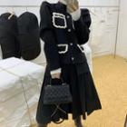 Puff-sleeve Crew-neck Wool Jacket / Pleated Midi Skirt