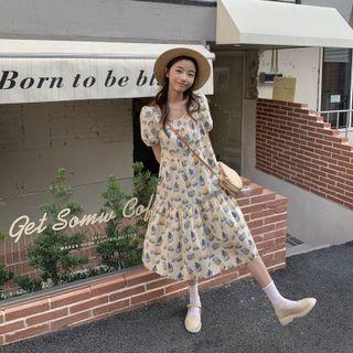 Short-sleeve Cake Print Midi A-line Dress Midi Dress - Gemstone Print - Blue & Khaki - One Size