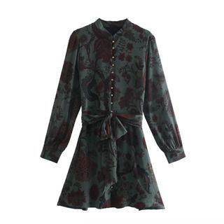 Long-sleeve Floral Print Sashed Mini Shirt Dress