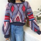 Color-block Pattern Puff-sleeve Loose-fit Sweater