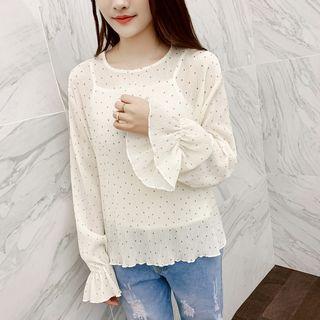Bell-sleeve Dotted Chiffon Top / Knit Camisole