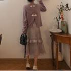 Long-sleeve Split Hem Pullover / High-waist Ruffle Trim Floral Skirt