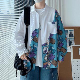 Print Long-sleeve Plaid Panel Shirt Jacket