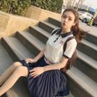 Set : Pinstripe Short-sleeve Collared Top + Pleated Skirt