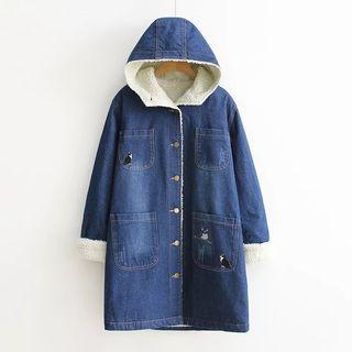 Fleece-lined Hooded Long Denim Coat