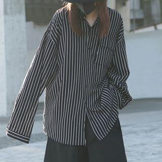 Long-sleeve Polo Collar Striped Single-breasted Shirt