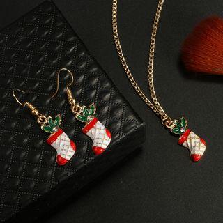 Set: Alloy Christmas Stocking Dangle Earring + Pendant Necklace Gold - One Size