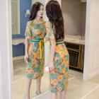 Set: Floral Print Short-sleeve Midi Chiffon Dress + Strappy Dress