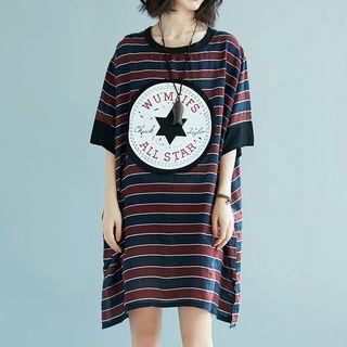 Star Print Striped Elbow Sleeve T-shirt Dress