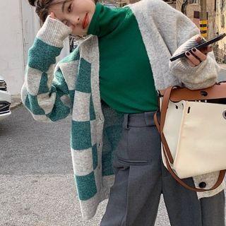 Argyle Panel Cardigan / Turtleneck Knit Top