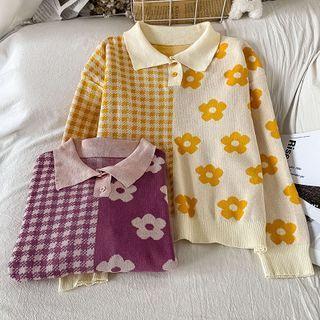 Houndstooth Panel Flower Print Collared Sweater