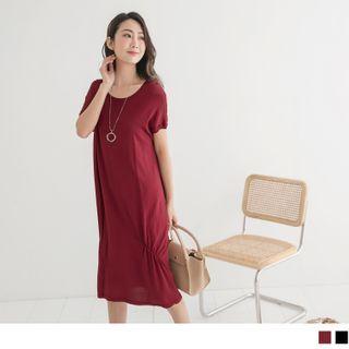 Shirred Front Short-sleeve Knit Midi Dress
