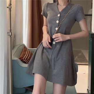 V-neck Buttoned Short-sleeve Mini Dress Gray - One Size