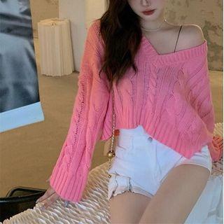 V-neck Cable Knit Cropped Sweater Off-white - One Size