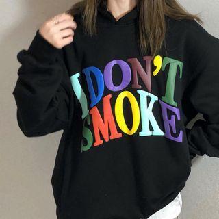 Lettering Print Drawstring Hoodie Black - One Size