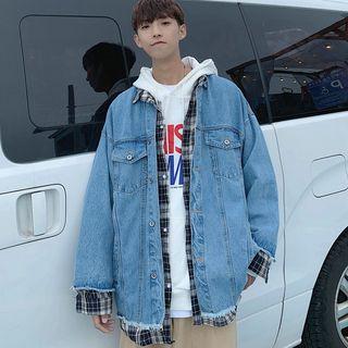 Mock Two-piece Plaid-panel Denim Jacket
