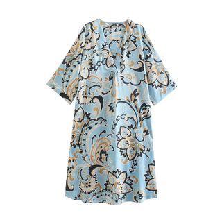 3/4-sleeve V-neck Printed Midi Dress