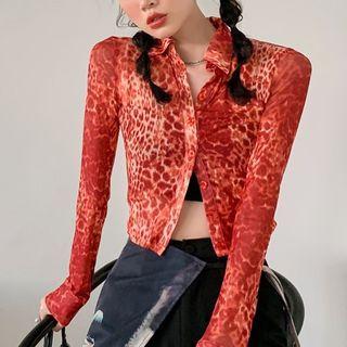 Long-sleeve Leopard Print Mesh Cropped Shirt