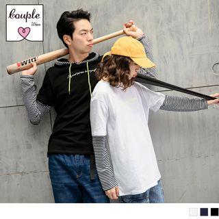 Letter Embroidered Striped Panel Mock Two Piece Top
