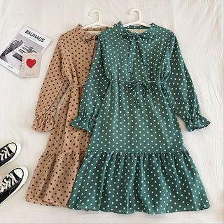 Bow Accent Dotted Long-sleeve Chiffon Dress