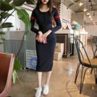 Long-sleeve Half Button Midi Sheath Dress