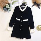 Color-block Trim Single-breasted Long-sleeve Dress