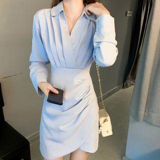 Long-sleeve Shirred Mini A-line Shirtdress