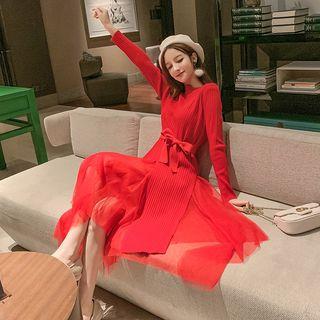 Irregular Hem Long-sleeve Midi Knit Dress