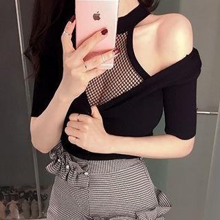 Set: Short-sleeve Knit Top + Fishnet Halter Top