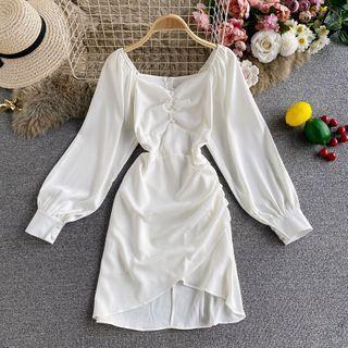 Ruched Puff-sleeve Asymmetric Dress
