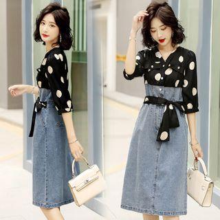 Elbow-sleeve Mock Two-piece Denim Sheath Shirtdress