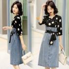 Elbow-sleeve Mock Two-piece Denim Sheath Shirtdress