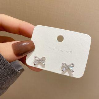 Bow Rhinestone Earring E4016 - 1 Pair - Silver - One Size