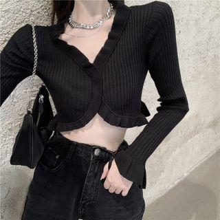 Ruffled Crop Knit Top / High-waist Wide-leg Pants