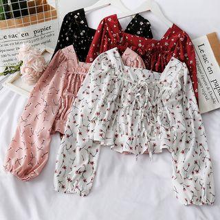 Puff-sleeve Floral Crop Blouse