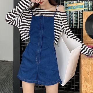 Long-sleeve Striped Top / Denim Jumper Shorts