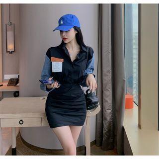 Color-block Printed Letter Denim Long-sleeve Dress