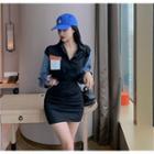Color-block Printed Letter Denim Long-sleeve Dress