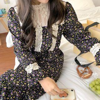 Puff-sleeve Lace Panel Floral Dress Purple - One Size