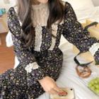 Puff-sleeve Lace Panel Floral Dress Purple - One Size