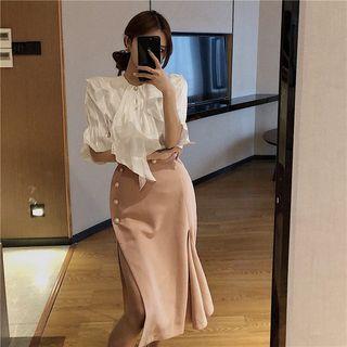 Ruffle Elbow-sleeve Blouse / Slit Midi Skirt