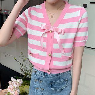 Short-sleeve Bow Striped Knit Cardigan