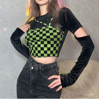 Long-sleeve Checkerboard Panel Top