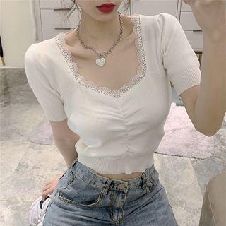 Lace Panel Puff-sleeve Knit Top