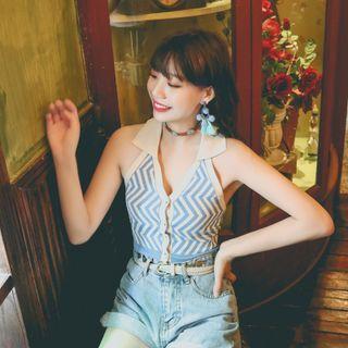 Halter-neck Zigzag Pattern Crop Tank Top Zigzag - Blue & White - One Size