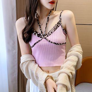 Leopard Print Trim Halter Camisole Top