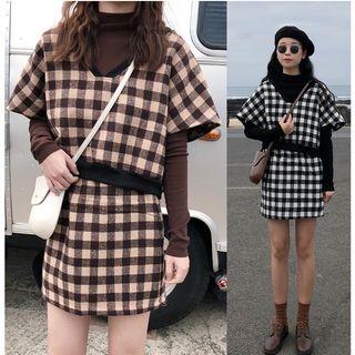 Mock Neck Knit Top / Short-sleeve Check Top / A-line Skirt / Set