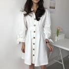 Single-breasted Long-sleeve A-line Dress White - One Size