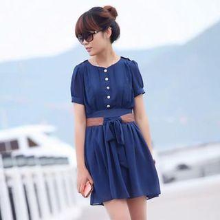 Short-sleeve Tie Waist Chiffon Dress