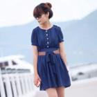 Short-sleeve Tie Waist Chiffon Dress